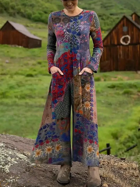 Women's Boho Natural Floral Print Stretch Jumpsuit