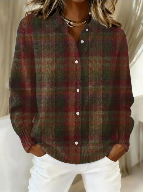 Women's Vintage Plaid Art Print Casual Sweater