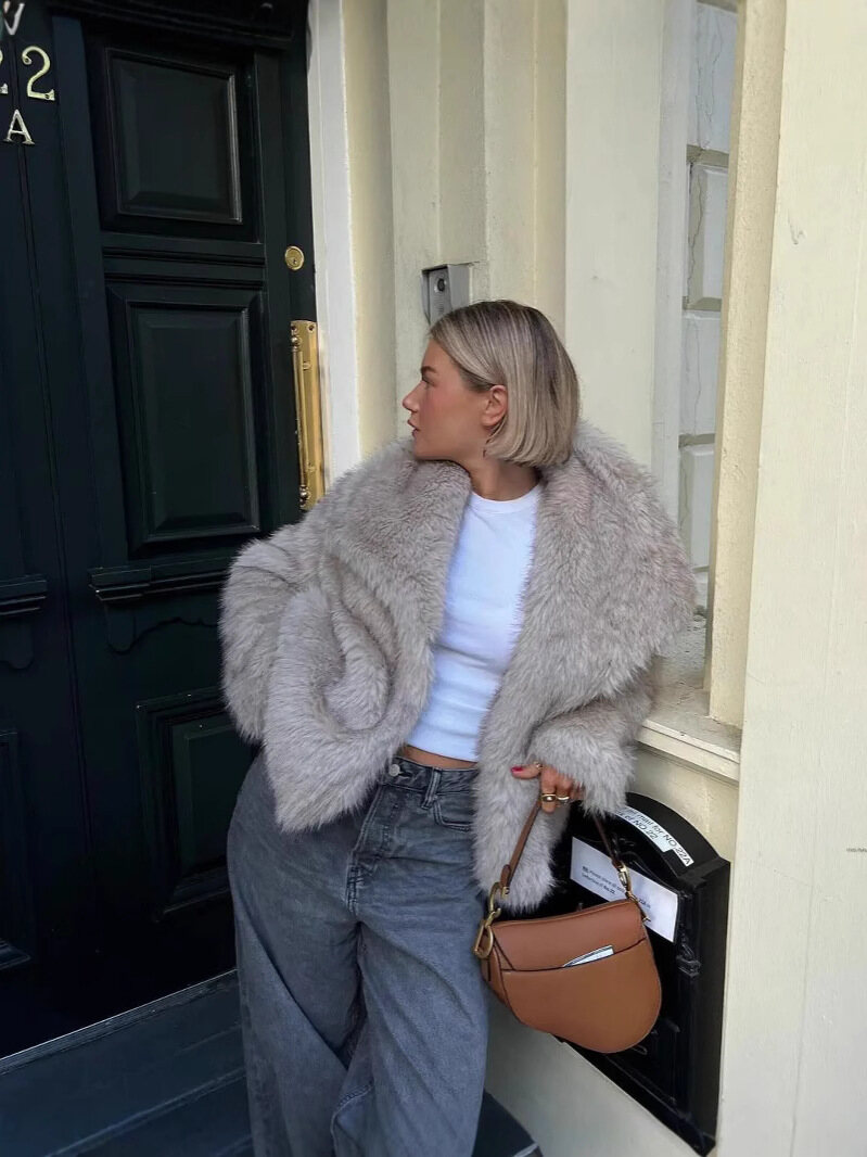 Amazon European and American Cross-Border Wholesale 2025 Autumn and Winter Women's Pure Color Artificial Fur Lapel Outwear Women's Outwear