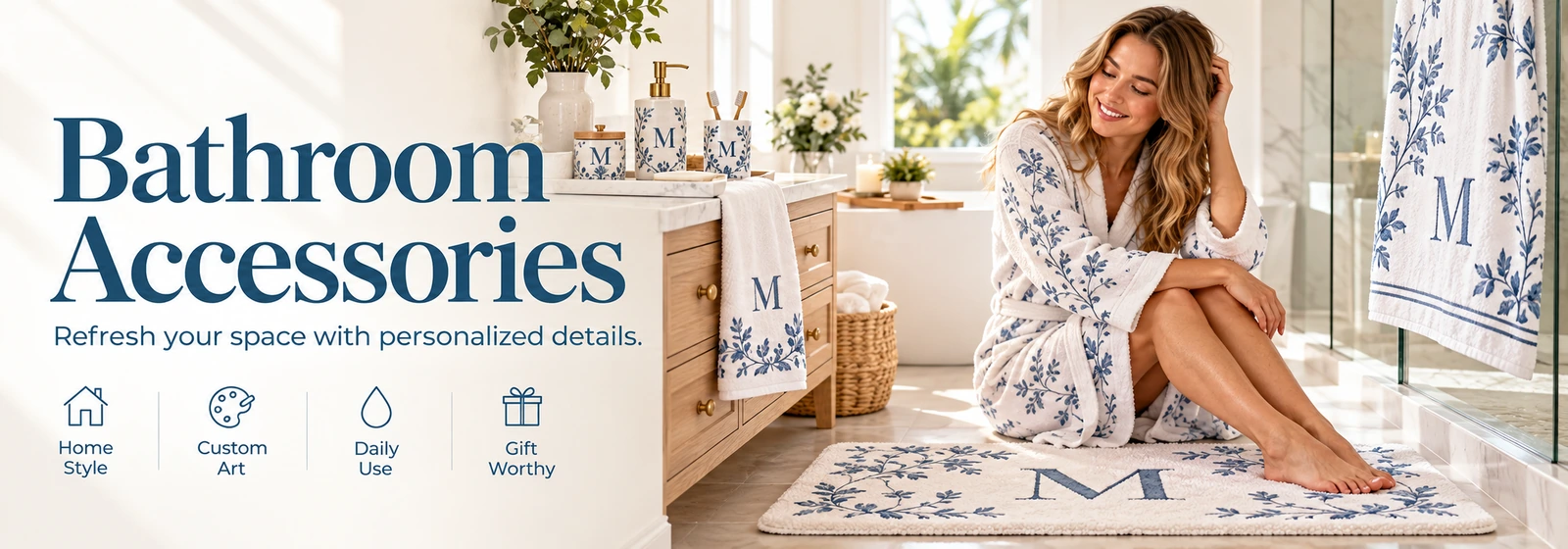 Personalized bathroom accessories banner with monogram towel set, rug and robe in a bright bathroom