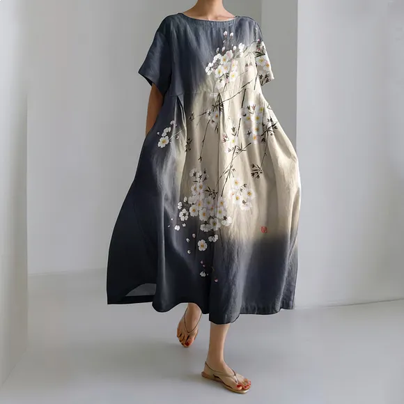 Japanese Art Flower Print Short Sleeve Casual Midi Dress