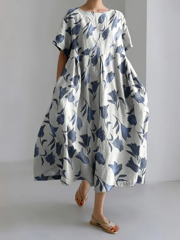 Vintage Floral Print Round Neck Short Sleeve Midi Dress