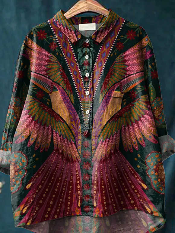 Summer Tropical Bird Symmetrical Pattern Printed Women's Casual Cotton And Linen Shirt