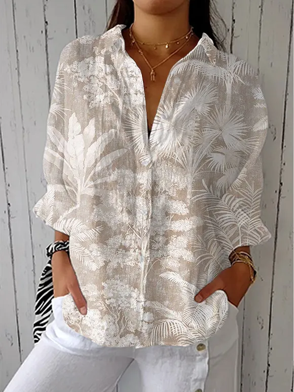 Women's  Vintage Floral Art Print Casual Linen V-neck Shirt