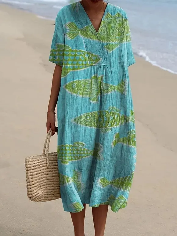 Women's Vintage Lovely Fish Art Print Flowy Dress