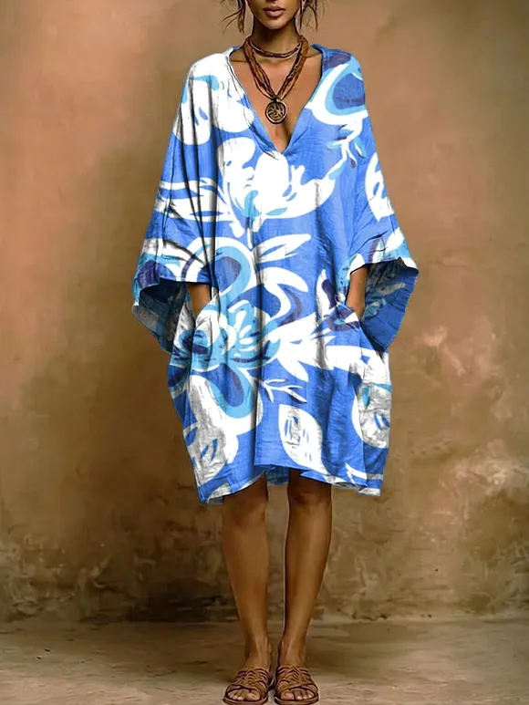 Bohemian Resort-style Floral Print V-neck Loose-fit Cotton-linen Dress