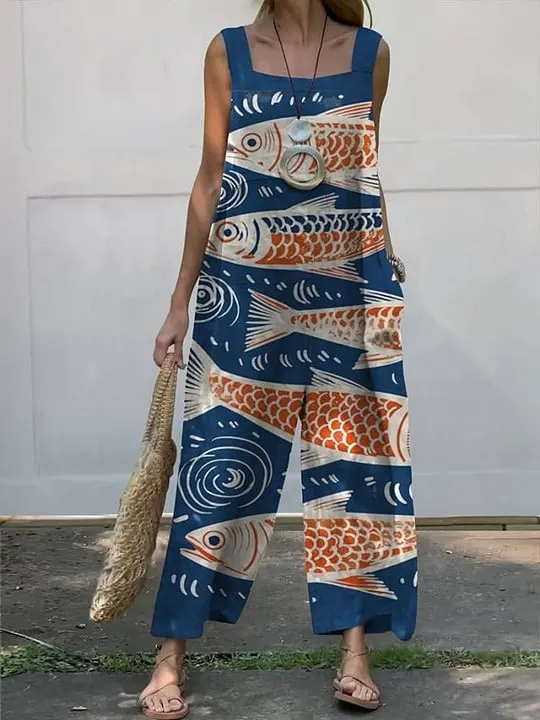 Women's Vintage Lovely Fish Art Print Casual 100% Cotton Wide Leg Jumpsuit