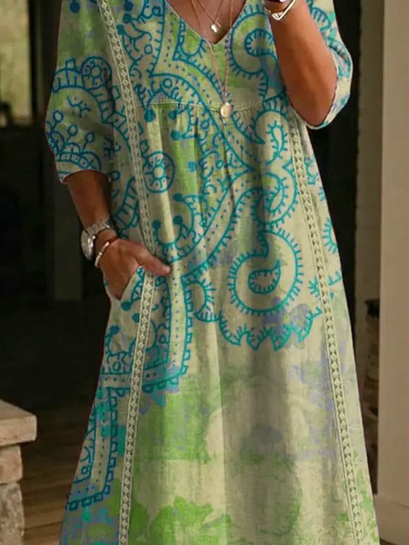 Women's Retro Floral Art Print Casual Stylish Cotton Linen Dress