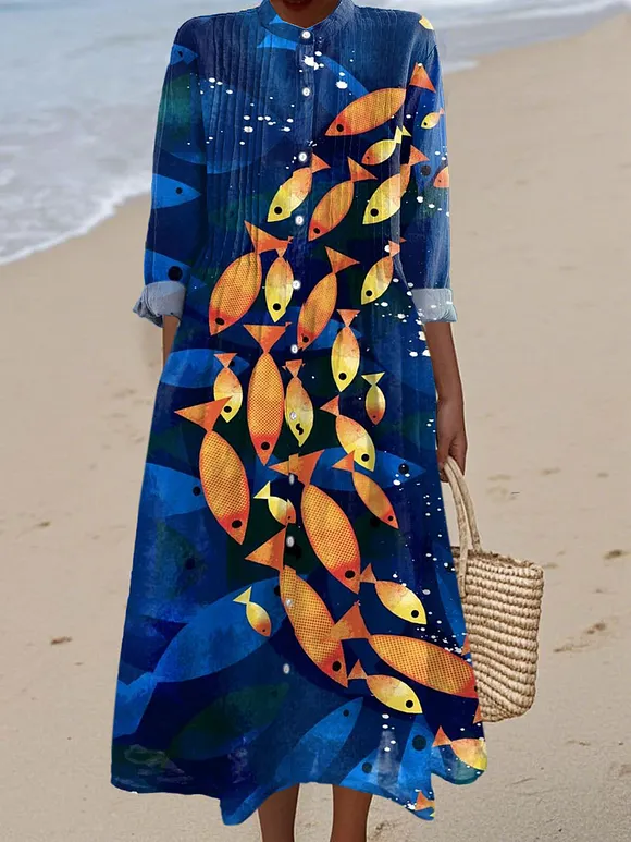 Women's Vintage Fish  Art Print Casual Dress