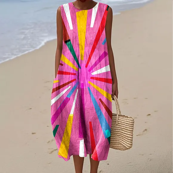 Women's Fashion Color Block Line Art Print Sleeveless Cotton Pocket Wrap Dress