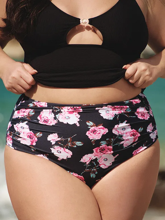 Black Floral Plus Size Bikini Bottom