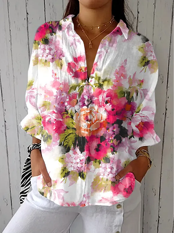 Women's Vintage Flowers Art Print Casual Linen V-neck Shirt