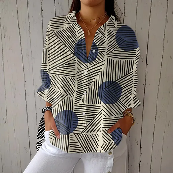 Women's  Vintage Abstract Geometric  Art  Print Casual Linen V-neck Shirt