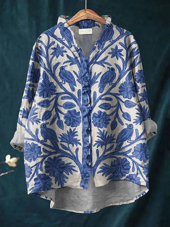 Women's Pastoral  Art Print Casual Cotton And Linen Ruffle Shirt