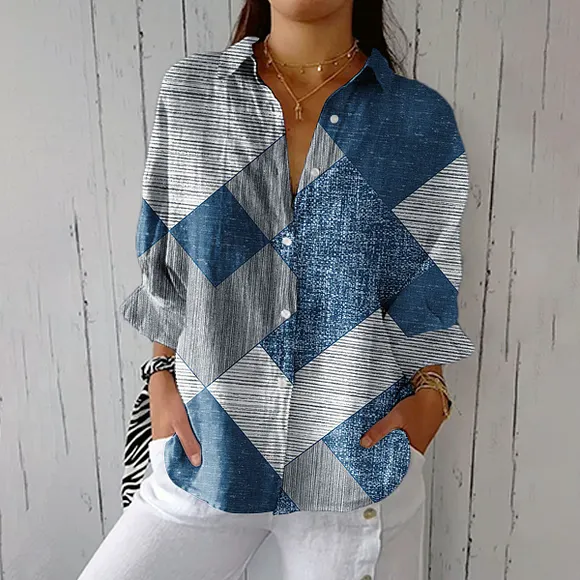 Women's Vintage Abstract Geometric Lines Art Print Casual Linen V-neck Shirt