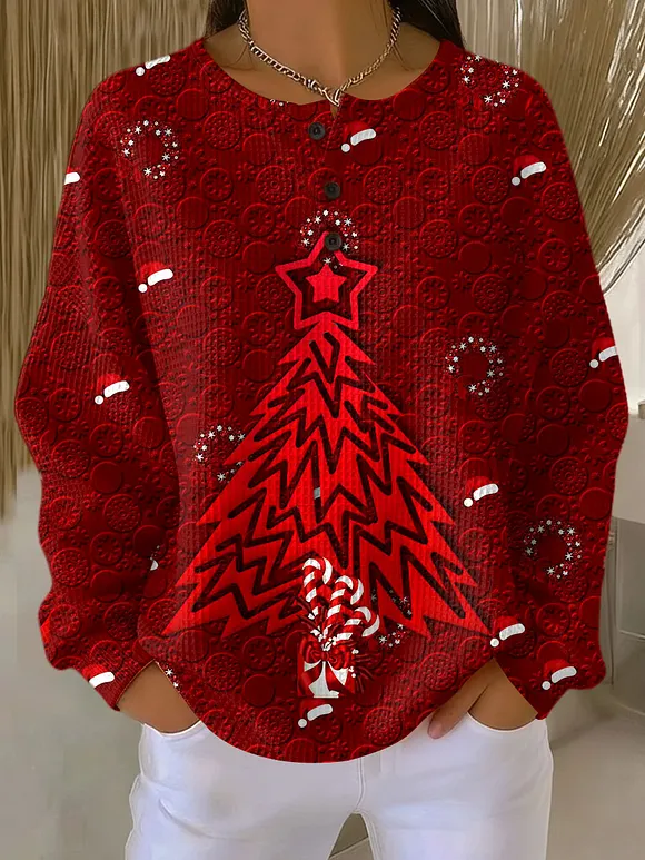 Women's Vintage Christmas Tree Art Print Casual Waffle Henry Collar Sweatshirt