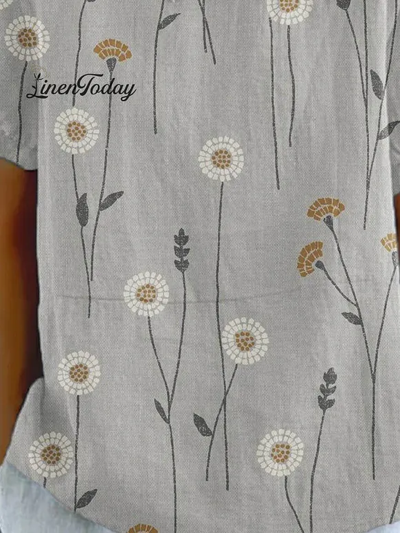 Women's Flower And Leaf Art Pattern Print Casual Cotton And Linen Shirt