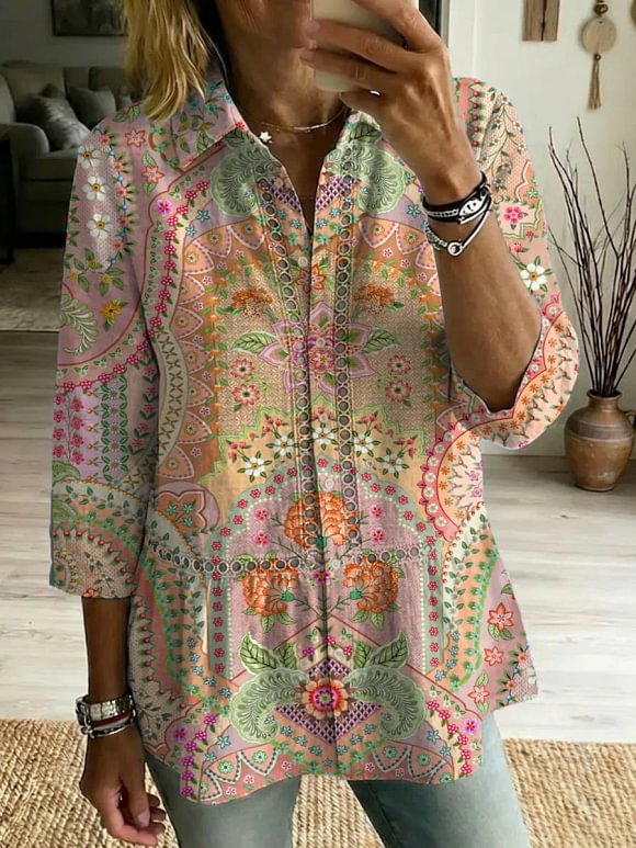 Women's Retro Floral Art Print Casual Lapel Cotton Shirt