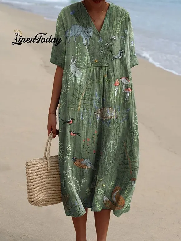 Woodland And Animals Repeat Pattern Printed Women's Casual Cotton And Linen Shirt