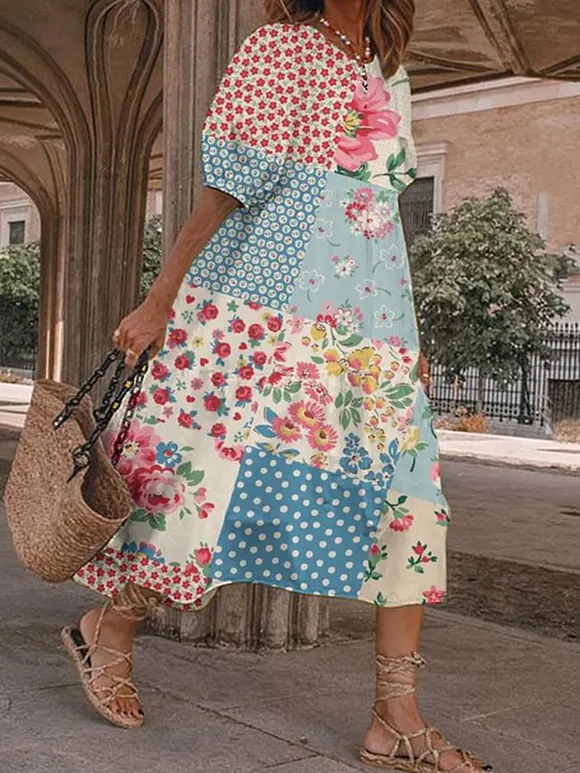Retro Round Neck Puff Sleeve Bohemian Floral Spring Midi Dress