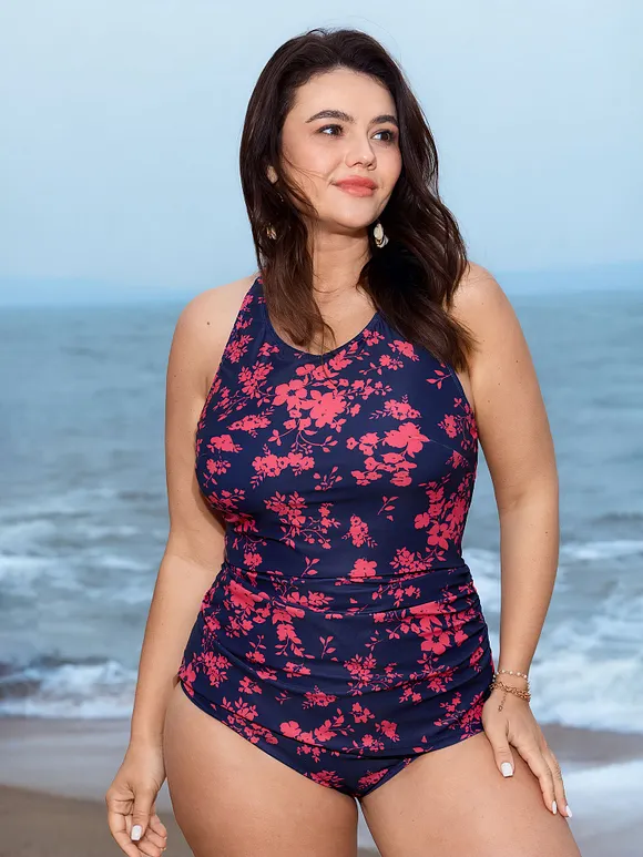 Floral Pattern Shrinkage Pleats Swim Bottoms