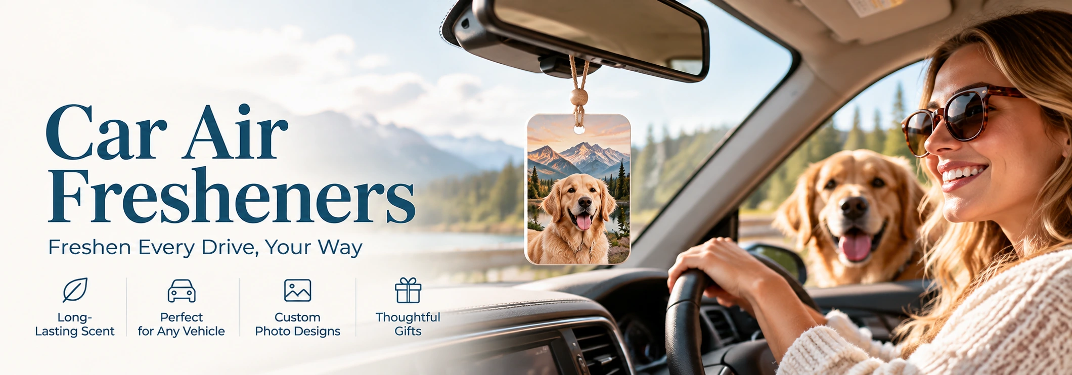 Custom car air fresheners lifestyle banner with a personalized photo air freshener inside a sunlit car