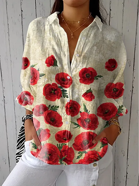 Women's Vintage Floral Art Print Casual Linen V-neck Shirt