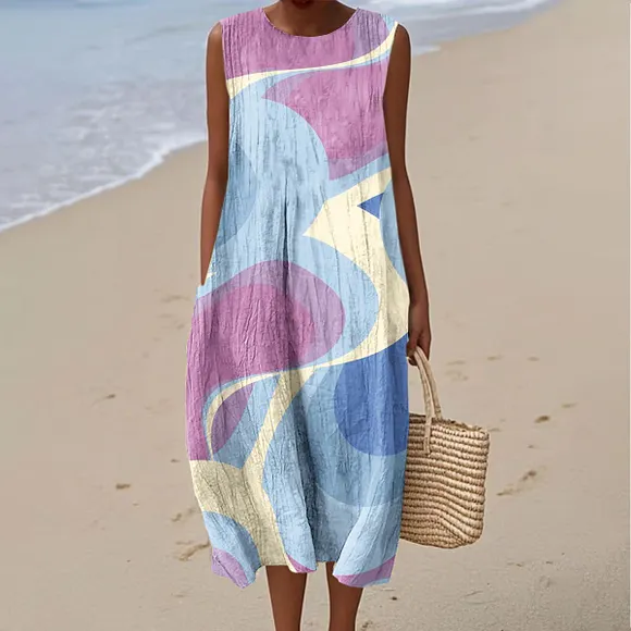 Women's Vintage Color Block Art Print Sleeveless Cotton Pocket Wrap Dress