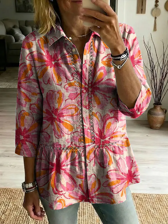 Floral Flowers Art Patterns Casual Patchwork Openwork Webbing Linen And Cotton Shirt