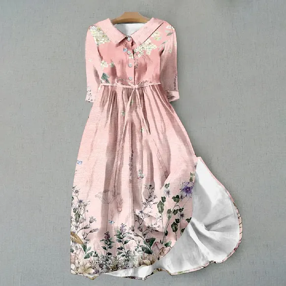 Floral Print Waist Tie-Up Lapel Midi Dress
