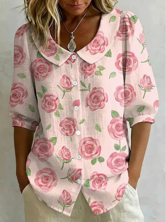 Women's Vintage Rose Print Print Cotton Linen Top
