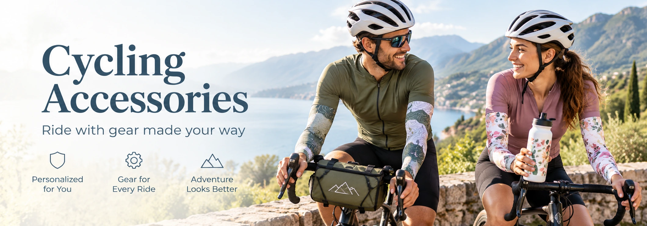 Custom cycling accessories banner with two cyclists showcasing personalized gear in a scenic outdoor ride