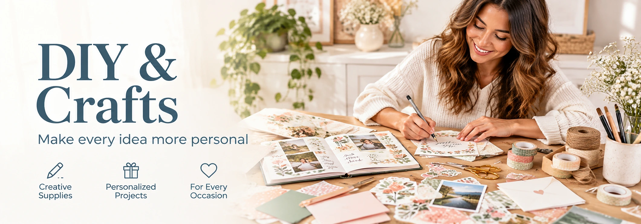 DIY and crafts banner with a woman creating personalized paper projects at a bright craft table