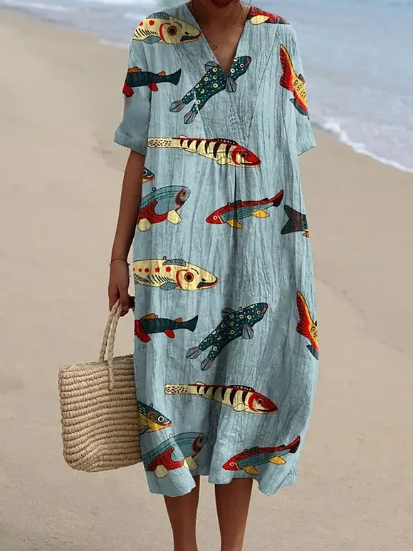 Women's Vintage Lovely Fish Art Print Flowy Dress