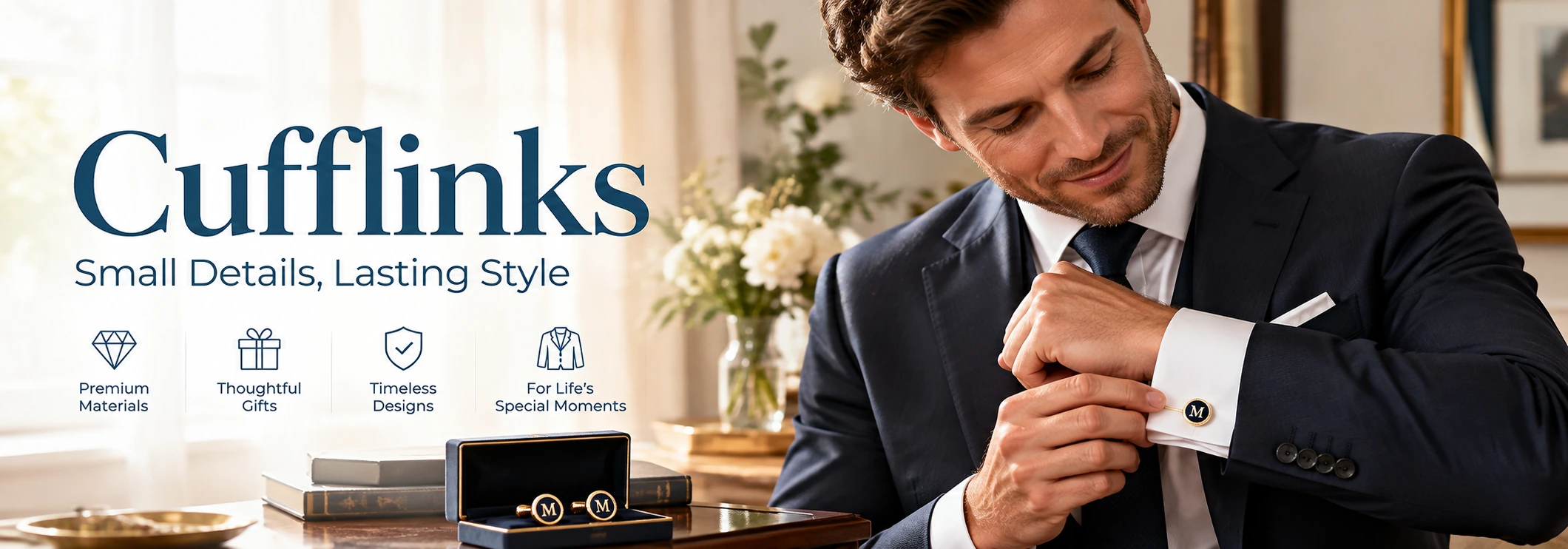 Personalized cufflinks banner with a man adjusting elegant monogram cufflinks in a formal setting