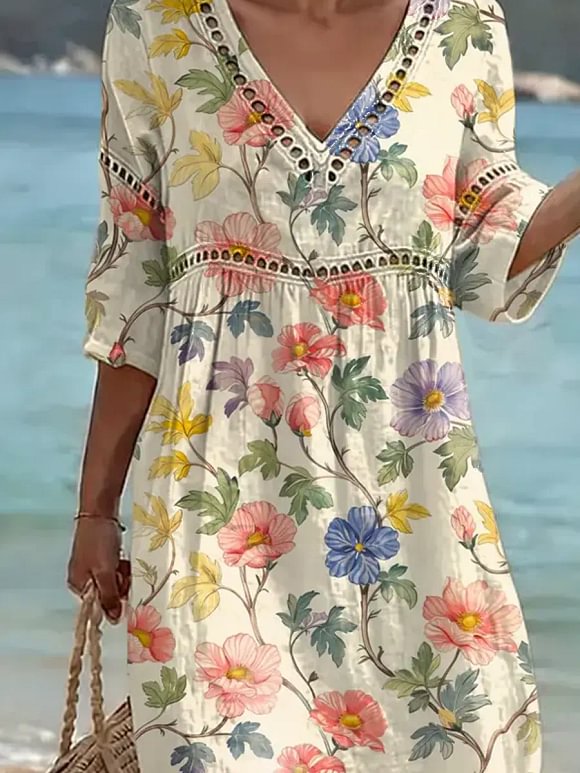 Women's Retro Floral Pattern Art Print Casual Stylish Cotton Linen Dress