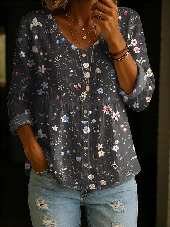 Women's Retro Flower Art Print Linen Cotton Shirt