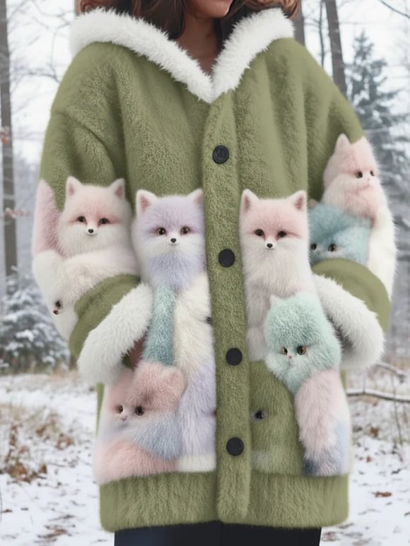 Winter Forest Cute Fox Mink Fleece Button Coat