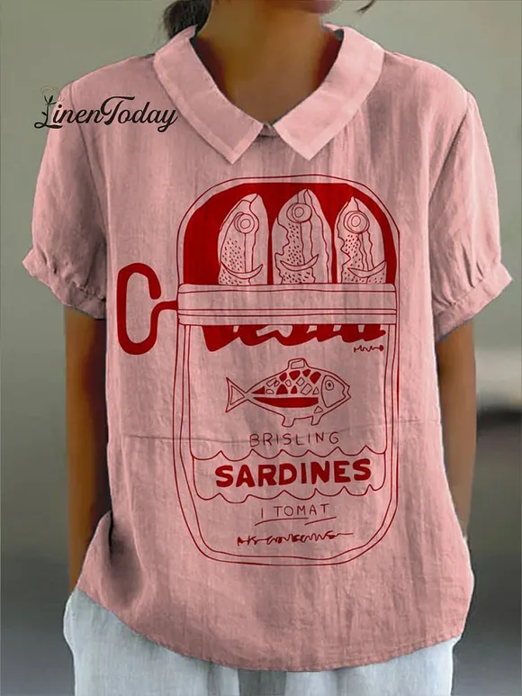 Women's Canned Pink Sardines Print Casual Cotton And Linen Shirt