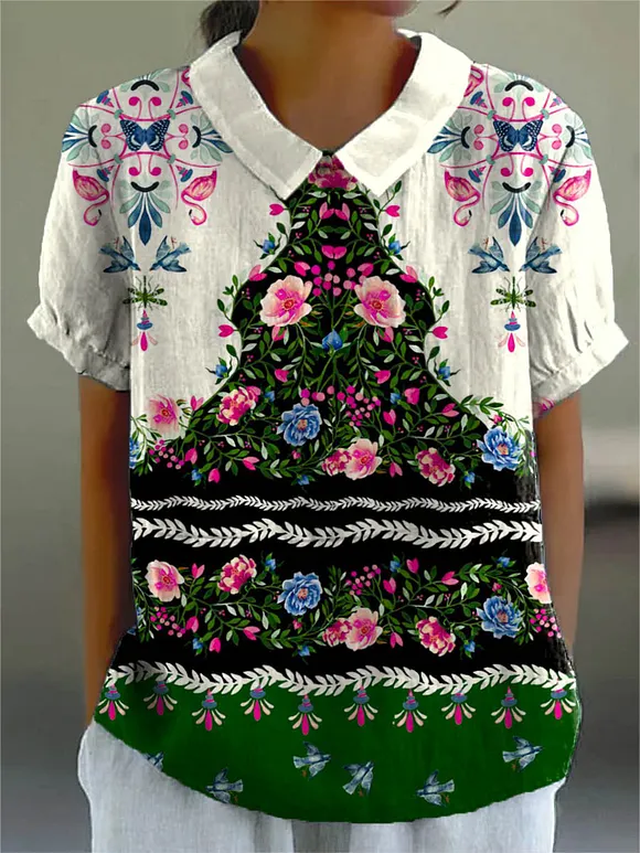 Women's Vintage Lovely Floral Art Print Casual Cotton And Linen Shirt