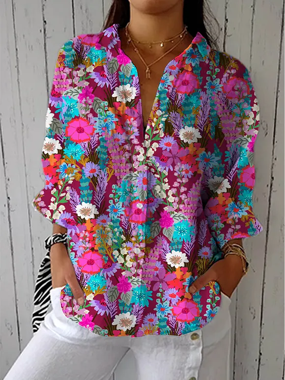 Women's Vintage Floral Art Print Casual Cotton Linen V-neck Shirt