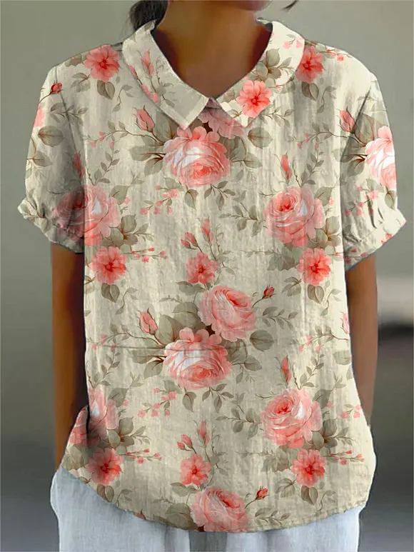 Women's Vintage Lovely Floral Art Pattern Art Print Casual Cotton And Linen Shirt