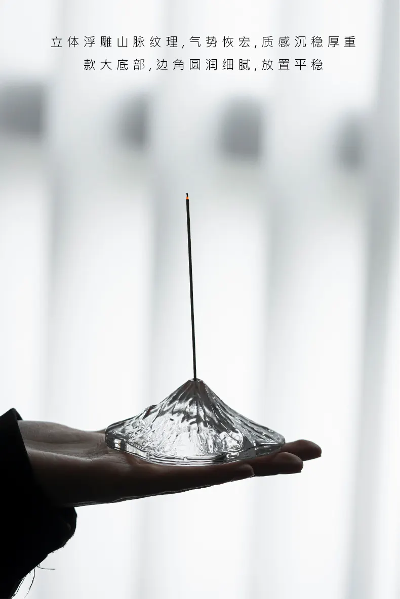 New Crystal Glass Incense Holder with Fuji Mountain Design, Transparent Incense Burner, Home Zen Ornament with Lid 16