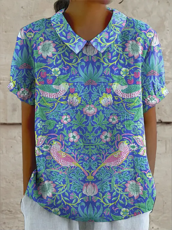 Women's Vintage Bird and Floral Art Print Casual Cotton And Linen Shirt