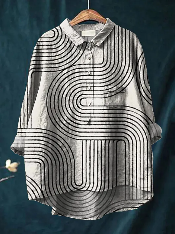 Women's Abstract Line Art Print Casual Cotton And Linen Shirt