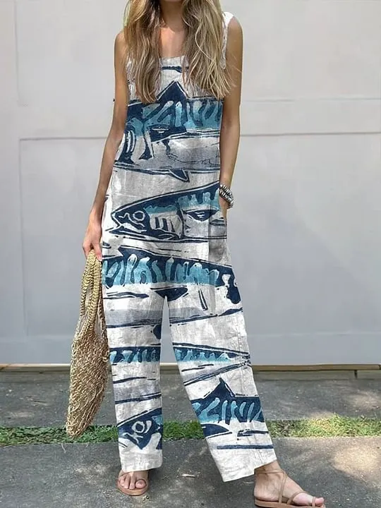 Women's Vintage Lovely Fish Art Print Casual 100% Cotton Wide Leg Jumpsuit