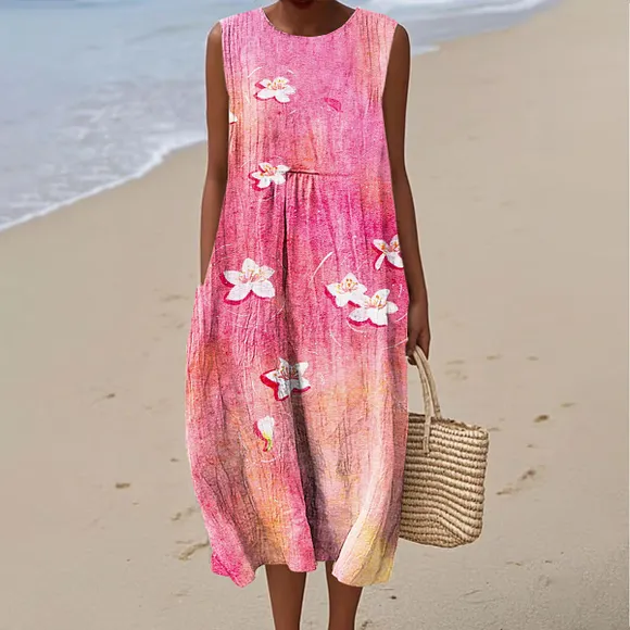 Women's Colorful Flower Art Print Sleeveless Cotton Pocket Wrap Dress