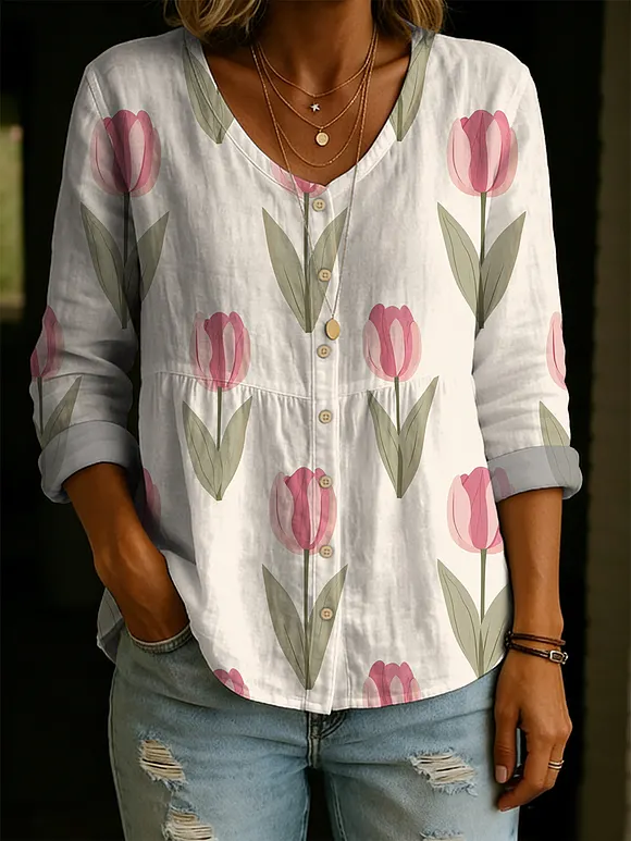 Women's Elegant Tulip Flower Decorative Pattern Linen And Cotton Shirt