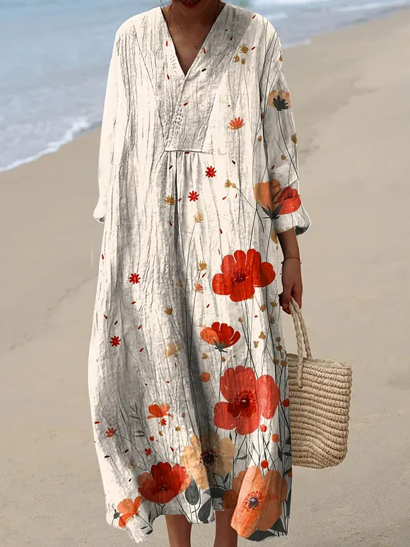 Women's Lovely Floral Pattern Art Print Cotton Dress