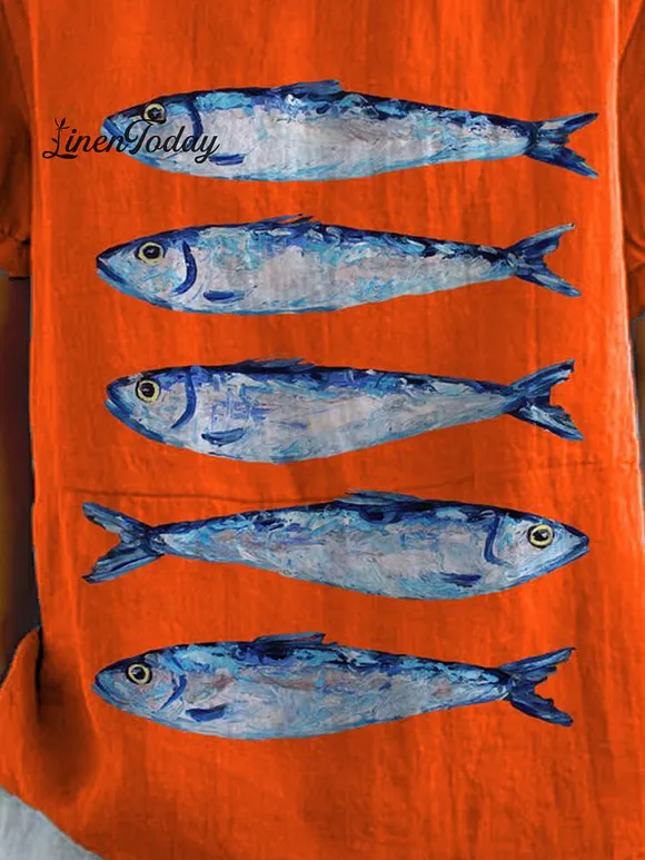 Women's Vintage Lovely Fish Art Print Casual Cotton And Linen Shirt